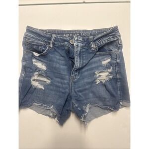 American Eagle Women Super Hi-Rise Shortie Denim Shorts Distressed Blue Size 10
